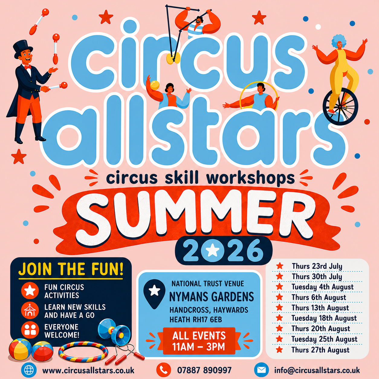 Circus Skill Workshops Summer events Sussex